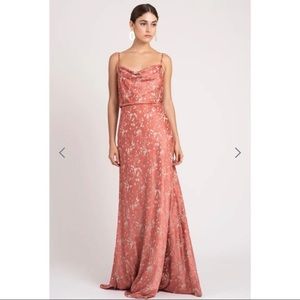 Jenny Yoo Dahlia Palmero Satin Dress in English rose/nude size 4